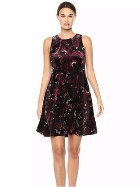 Sleeveless Black & Burgundy Floral A-Line Dress